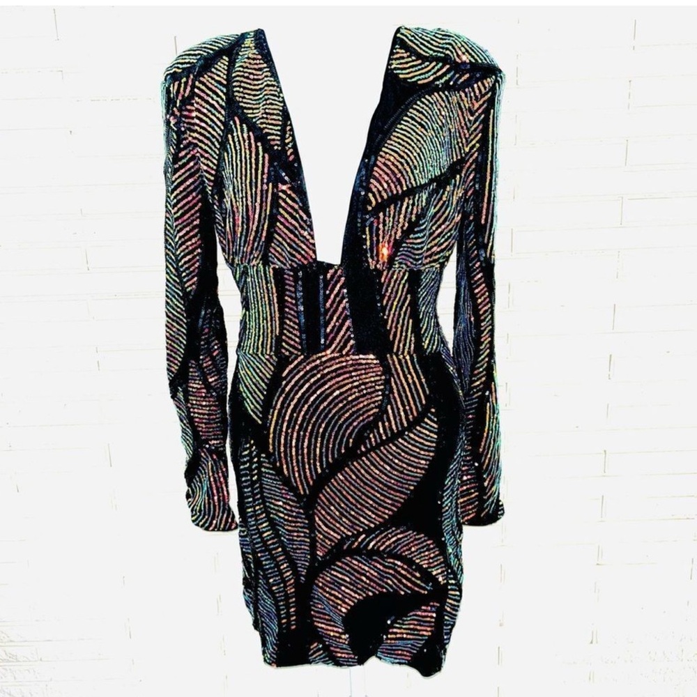 Glamorous Black and Gold Sequin Long Sleeve Dress